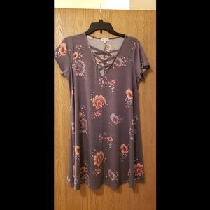 Flower print cross over gray dress